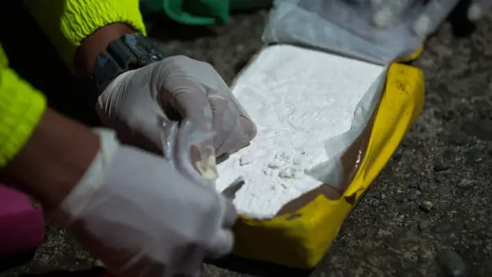 Miembros de la policía antinarcóticos examinan cocaína de un paquete de un cargamento de una tonelada incautado a la mayor banda de narcotraficantes del país, el Clan del Golfo, en un contenedor con destino a Europa, en Buenaventura, principal puerto de Colombia en el Océano Pacífico, el 10 de agosto de 2017. (Raul Arboleda/AFP vía Getty Images)