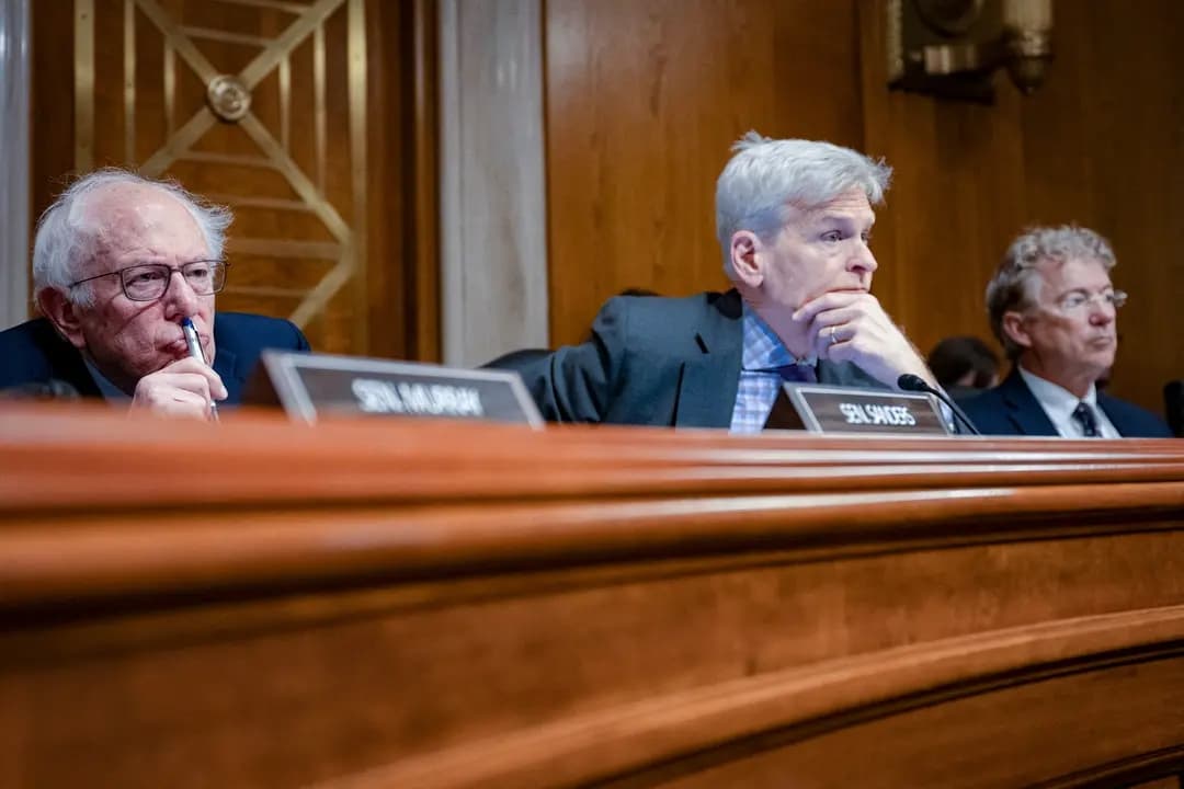 (I-D) Los senadores Bernie Sanders (I-Vt.), Bill Cassidy (R-La.) y Rand Paul (R-Ky.) miran mientras el Dr. Jay Bhattacharya habla durante su audiencia de nominación en el Capitolio de EE. UU. el 5 de marzo de 2025. (Jim Watson/AFP vía Getty Images)