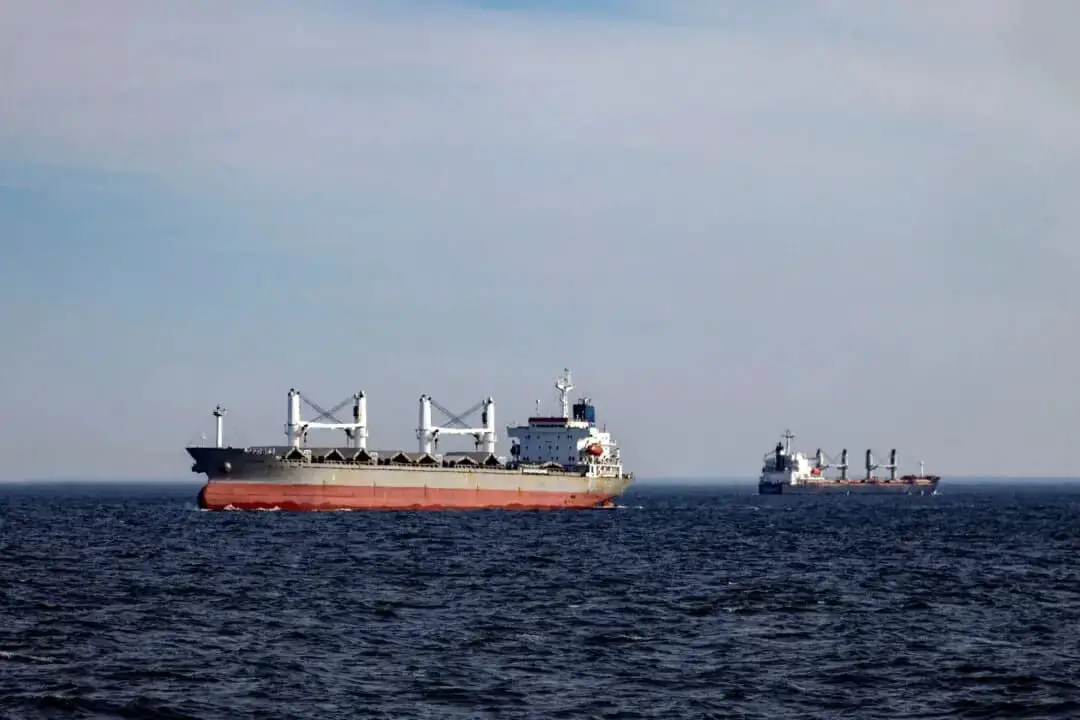 Se ven buques de carga desde una patrullera de la guardia costera de Ucrania mientras navegan por el Mar Negro, en medio del ataque de Rusia a Ucrania, el 7 de febrero de 2024. (REUTERS/Thomas Peter)

