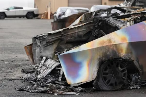 Un Tesla Cybertruck quemado está estacionado en un aparcamiento de Tesla en Seattle el 10 de marzo de 2025. (AP Photo/Lindsey Wasson, archivo)
