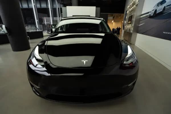 Una sala de exposición de Tesla en la ciudad de Nueva York el 20 de marzo de 2025. (Samira Bouaou/The Epoch Times)