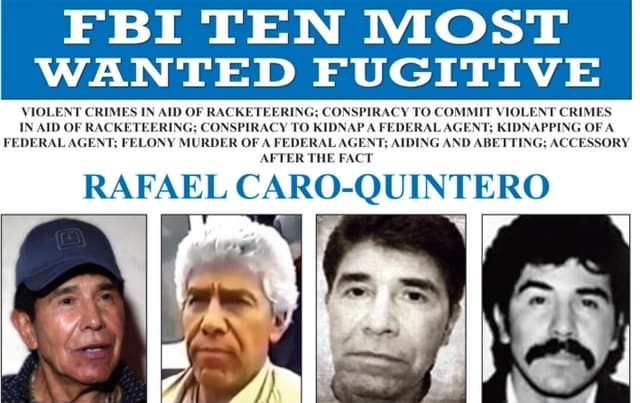 Afiche de búsqueda del FBI a Rafael Caro Quintero. (FBI vía AP)