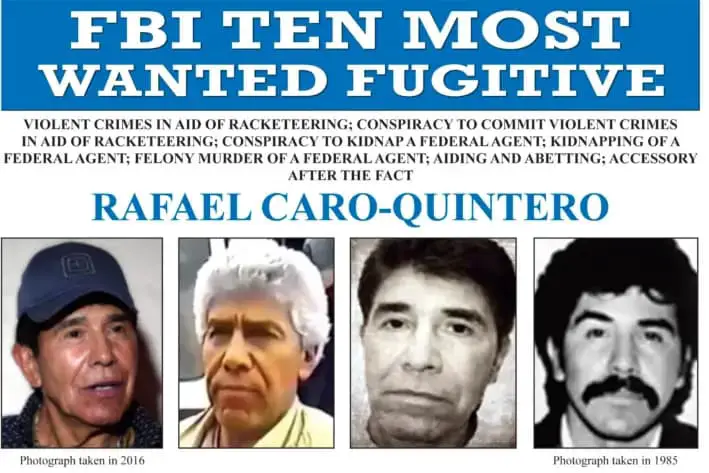 Afiche de búsqueda del FBI a Rafael Caro Quintero. (FBI vía AP)