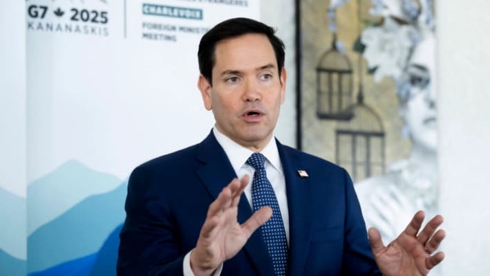 El secretario de Estado, Marco Rubio, habla con periodistas tras la reunión de ministros de Asuntos Exteriores del G7 en La Malbaie, Canadá, el 14 de marzo de 2025. (Saul Loeb/Pool vía Reuters)