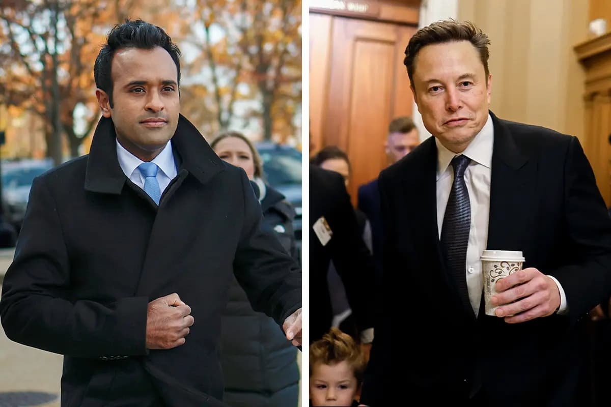 El empresario Vivek Ramaswamy (izquierda) y Elon Musk (derecha), copresidentes del recién anunciado Departamento de Eficiencia Gubernamental, llegan al Capitolio el 5 de diciembre de 2024. (Anna Moneymaker/Getty Images)