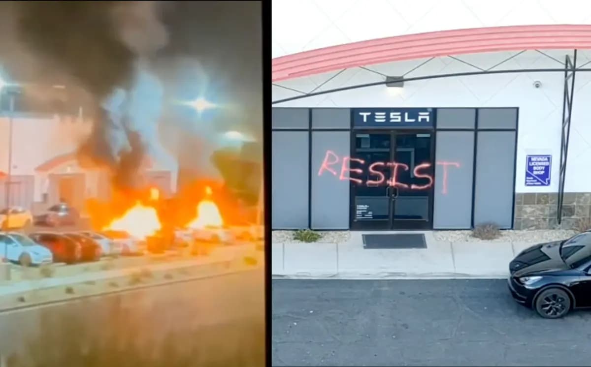 (I) Vehículos Tesla en llamas y (D) la palabra "RESIST" pintada con spray en las puertas de un centro de servicio en Las Vegas el 18 de marzo de 2025. (Departamento de Policía Metropolitana de Las Vegas)