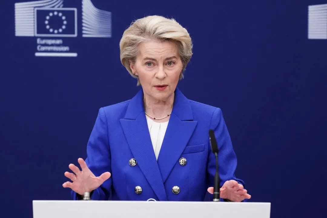 La presidenta de la Comisión Europea, Ursula von der Leyen, pronuncia un discurso en Bruselas, Bélgica, el 4 de marzo de 2025. (Reuters/Yves Herman)
