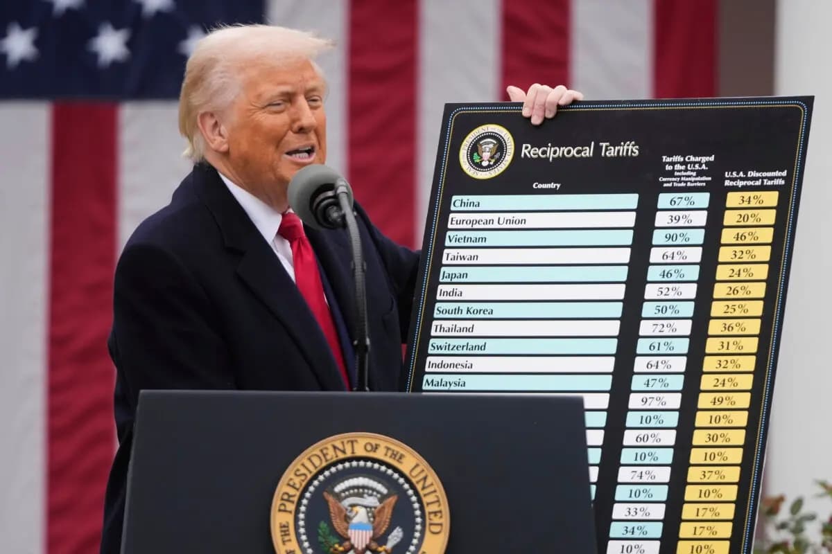 El presidente Donald Trump habla durante un evento para anunciar nuevos aranceles en el Jardín de las Rosas de la Casa Blanca el 2 de abril de 2025. (Mark Schiefelbein/AP Photo)