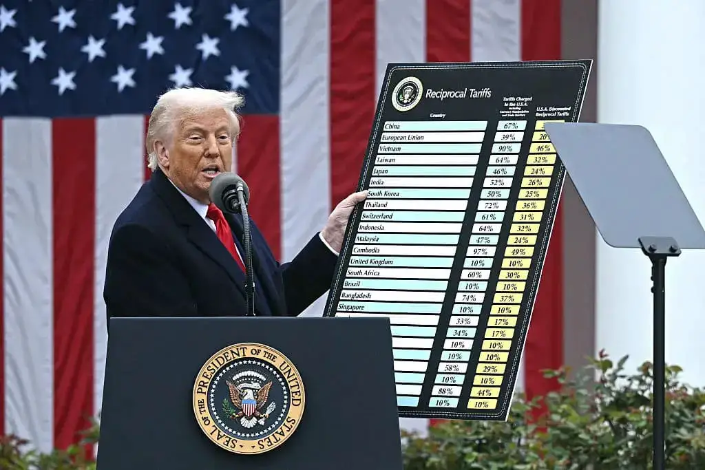 El presidente Trump sostiene un gráfico mientras pronuncia unas palabras sobre los aranceles recíprocos durante un acto en el Jardín de las Rosas titulado Make America Wealthy Again, el 2 de abril de 2025. (Brendan Smialowski/AFP a través de Getty Images)

