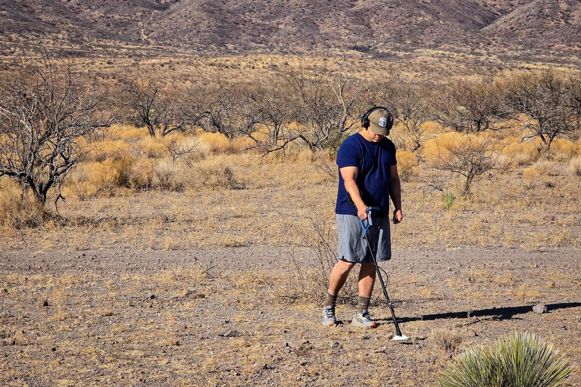 <em>Un miembro del club de detección de metales Desert Gold Diggers busca objetos enterrados durante la excursión anual del club cerca de Tucson, Arizona, el 22 de marzo de 2025. Allan Stein/The Epoch Times</em>