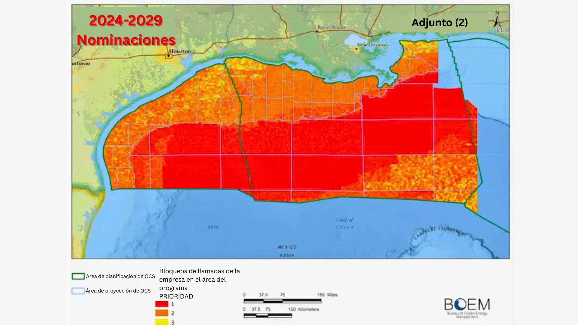 Área de venta 262 en el Golfo de América, frente a la costa este de Texas y Luisiana, donde el color rojo más oscuro indica el mayor interés entre los posibles compradores de arrendamiento. (BOEM)