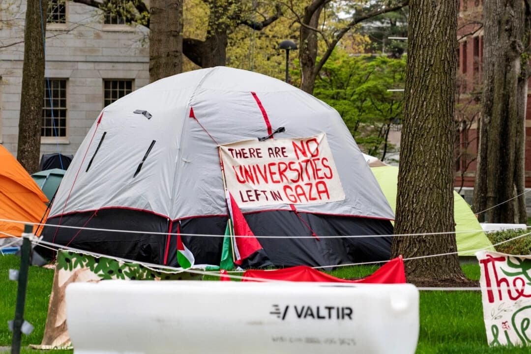 Tiendas de campaña y carteles llenan Harvard Yard junto a la estatua de John Harvard en el campamento propalestino de la Universidad de Harvard en Cambridge, Massachusetts, el 5 de mayo de 2024. (Joseph Prezioso/AFP vía Getty Images)
