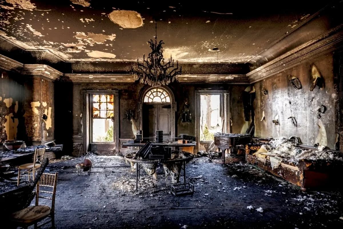 Daños tras un incendio en la mansión del gobernador de Pensilvania mientras el gobernador demócrata Josh Shapiro y su familia dormían dentro, en Harrisburg, Pensilvania, el 13 de abril de 2025. (Commonwealth Media Services vía AP)