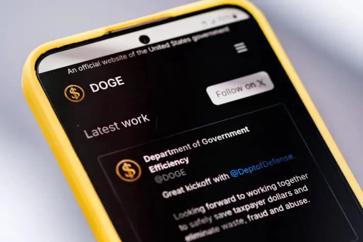 El sitio web del Departamento de Eficiencia Gubernamental se muestra en un smartphone, el 15 de febrero de 2025. (Oleksii Pydsosonnii/The Epoch Times)