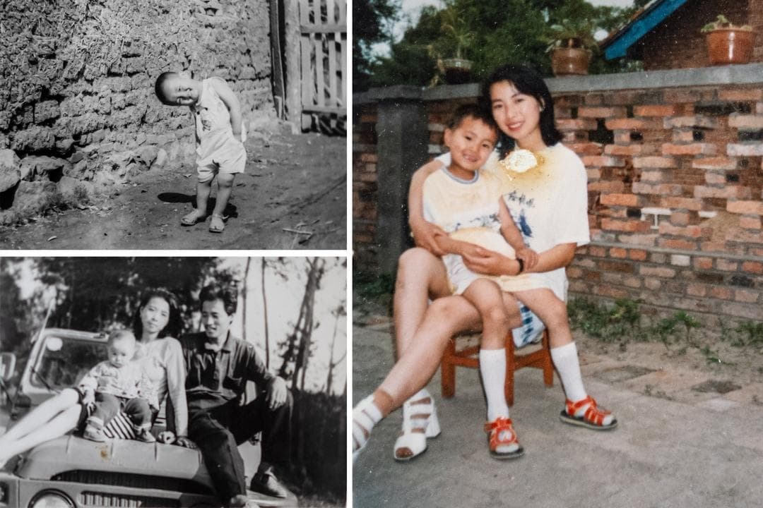 (Izquierda) Fotos del joven Zhao Jiheng y sus padres. Mientras vivían en China, la familia sufrió constantes arrestos y acoso por su creencia en Falun Gong, lo que les obligó finalmente a huir del país. (Derecha) Una foto de Zhao Jiheng y su madre cuando era pequeño en China. (Samira Bouaou/The Epoch Times)