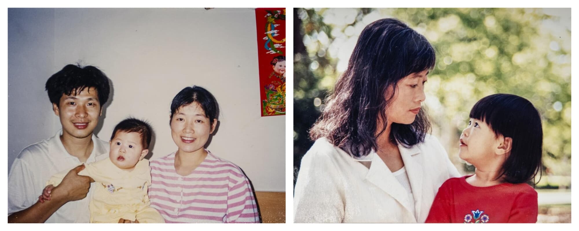 (Izquierda) Chen Fadu con sus padres, Chen Changyong (izquierda) y Dai Zhizhen, cuando era pequeña en China. Su papá, Chen Changyong, era un practicante de Falun Gong arrestado por sus creencias y que más tarde murió bajo la persecución del régimen chino. (Derecha) Una foto de Chen Fadu con su mamá, Dai Zhizhen. (Samira Bouaou/The Epoch Times)