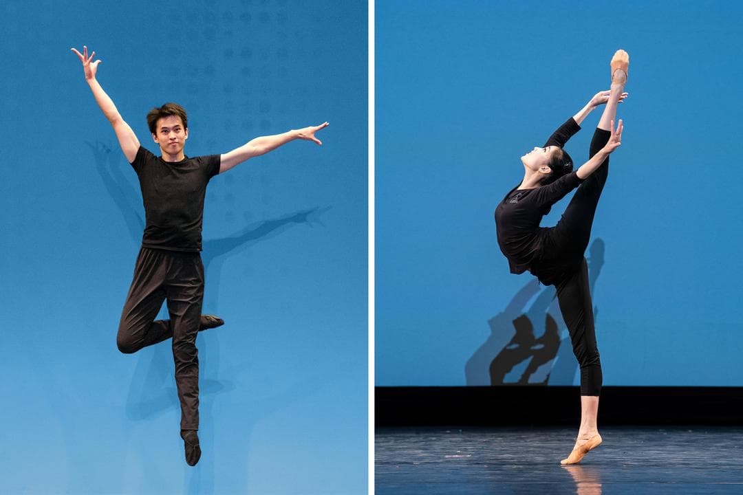 Los bailarines de Shen Yun Kenji Kobayashi (izquierda) y Ellie Rao (derecha) participan en el Concurso Internacional de Danza Clásica China de la Nueva Dinastía Tang en 2016 y 2021, respectivamente. (Larry Dye/The Epoch Times)
