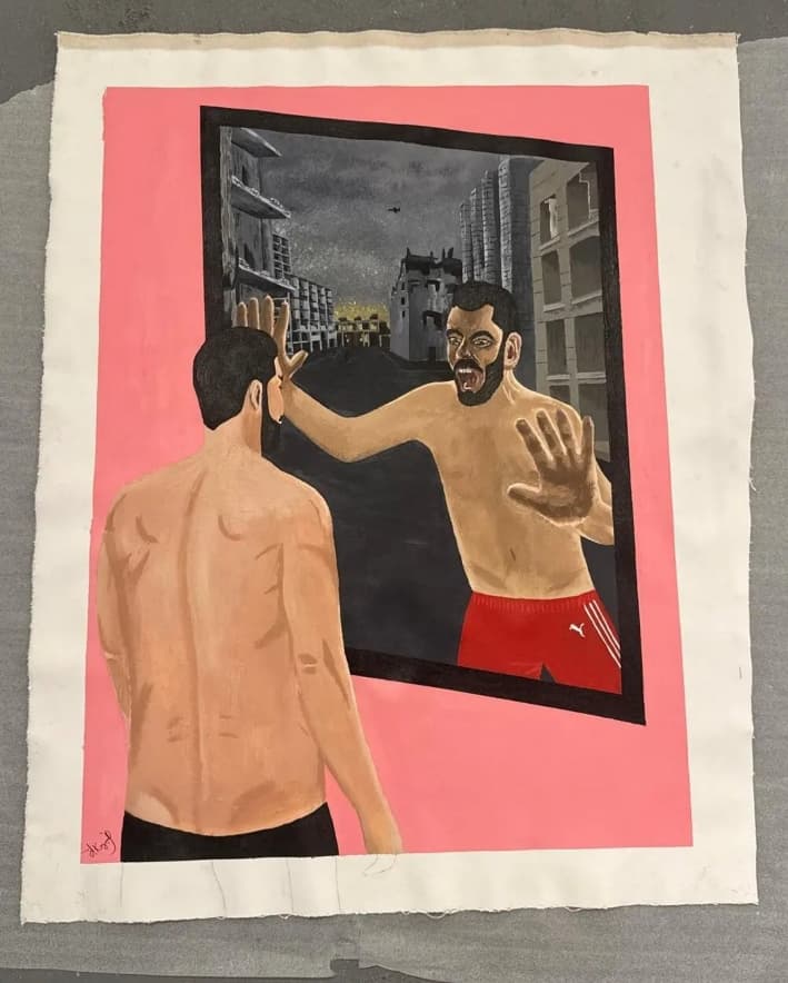 El cuadro titulado «El otro lado del espejo», creado por Andrei Kozlov tras su liberación como rehén de Hamás, se prepara para su exposición en una muestra itinerante que se inaugurará en Nueva York en mayo. (Cortesía de Emanuel Friedman, Lux Contemporary)