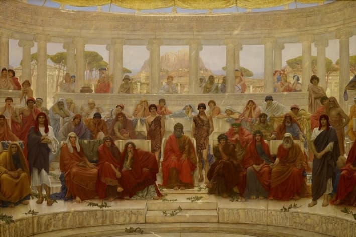 «Una audiencia en Atenas durante 'Agamenón' de Esquilo», 1884, de William Blake Richmond. Óleo sobre lienzo; 214.5 cm x 3 metros. Birmingham, Inglaterra. (Dominio público)