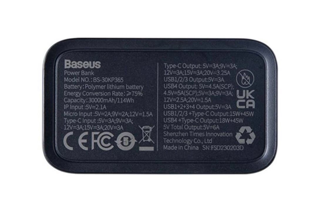 Imagen del cargador portátil Baseus 65W 30000mAh retirado del mercado. (Comisión de Seguridad de Productos de Consumo).