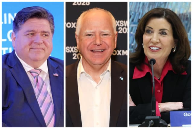 (Izquierda) El gobernador de Illinois, J. B. Pritzker, en el New York Hilton Midtown de la ciudad de Nueva York, el 24 de septiembre de 2024. (Centro) El gobernador de Minnesota, Tim Walz, en SXSW en Austin, Texas, el 8 de marzo de 2025. (Derecha) La gobernadora de Nueva York, Kathy Hochul, habla durante la reunión mensual de la Junta de la MTA en Grand Central Madison, en la ciudad de Nueva York, el 26 de febrero de 2025. (Craig Barritt/Getty Images para Clinton Global Initiative); (Rick Kern/Getty Images para Vox Media); (Michael M. Santiago/Getty Images)