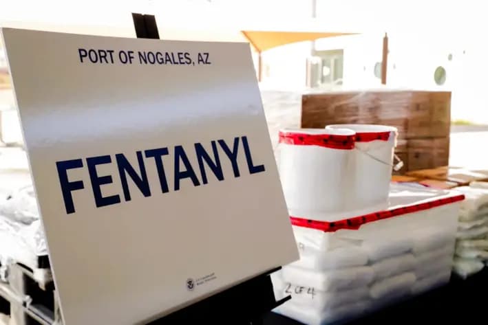 Paquetes de fentanilo y metanfetamina incautados de un camión que cruzaba a Arizona desde México se exhiben durante una conferencia de prensa en el Puerto de Nogales, Arizona, el 31 de enero de 2019. (Aduanas y Protección Fronteriza de EE. UU./Reuters)