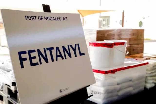Paquetes de fentanilo y metanfetamina incautados de un camión que cruzaba a Arizona desde México se exhiben durante una conferencia de prensa en el Puerto de Nogales, Arizona, el 31 de enero de 2019. (Aduanas y Protección Fronteriza de EE. UU./Reuters)