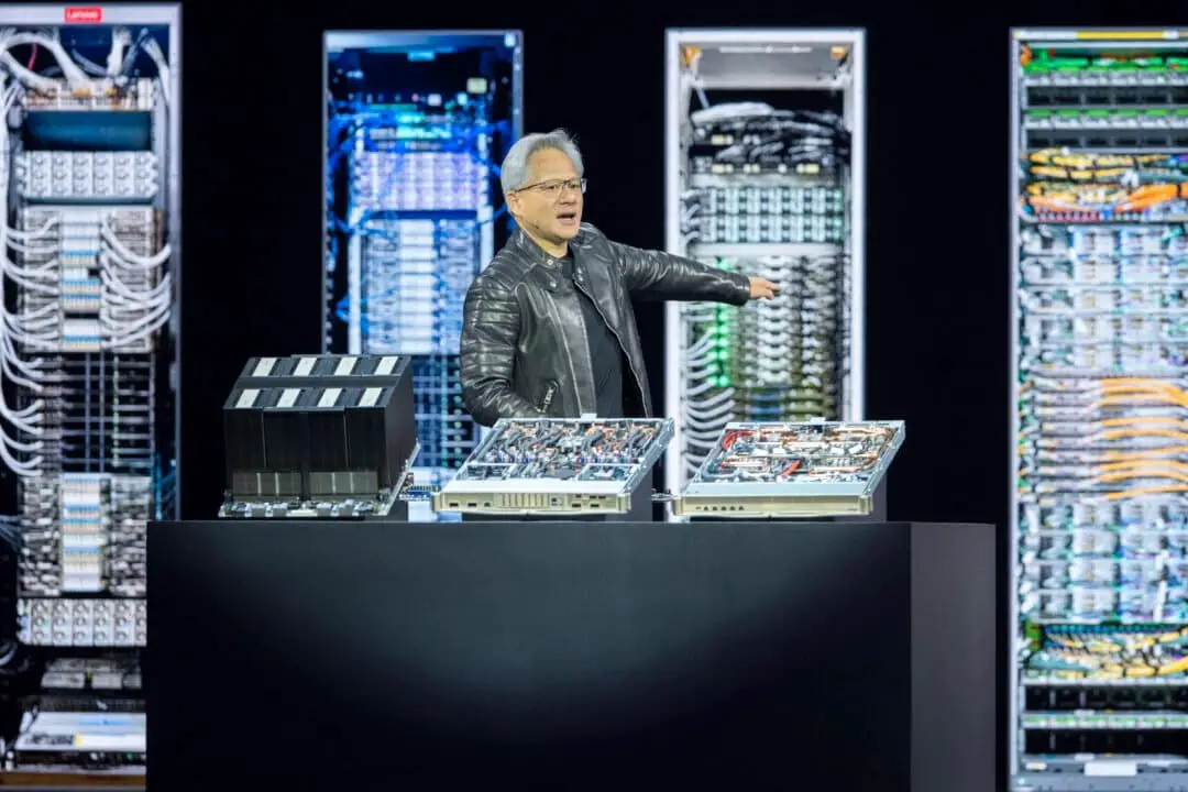 El director ejecutivo Jensen Huang habla durante el discurso inaugural de Nvidia GTC, en San José, California, el 18 de marzo de 2025. (Nic Coury/AP Photo).