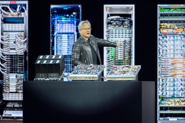 El director ejecutivo Jensen Huang habla durante el discurso inaugural de Nvidia GTC, en San José, California, el 18 de marzo de 2025. (Nic Coury/AP Photo).