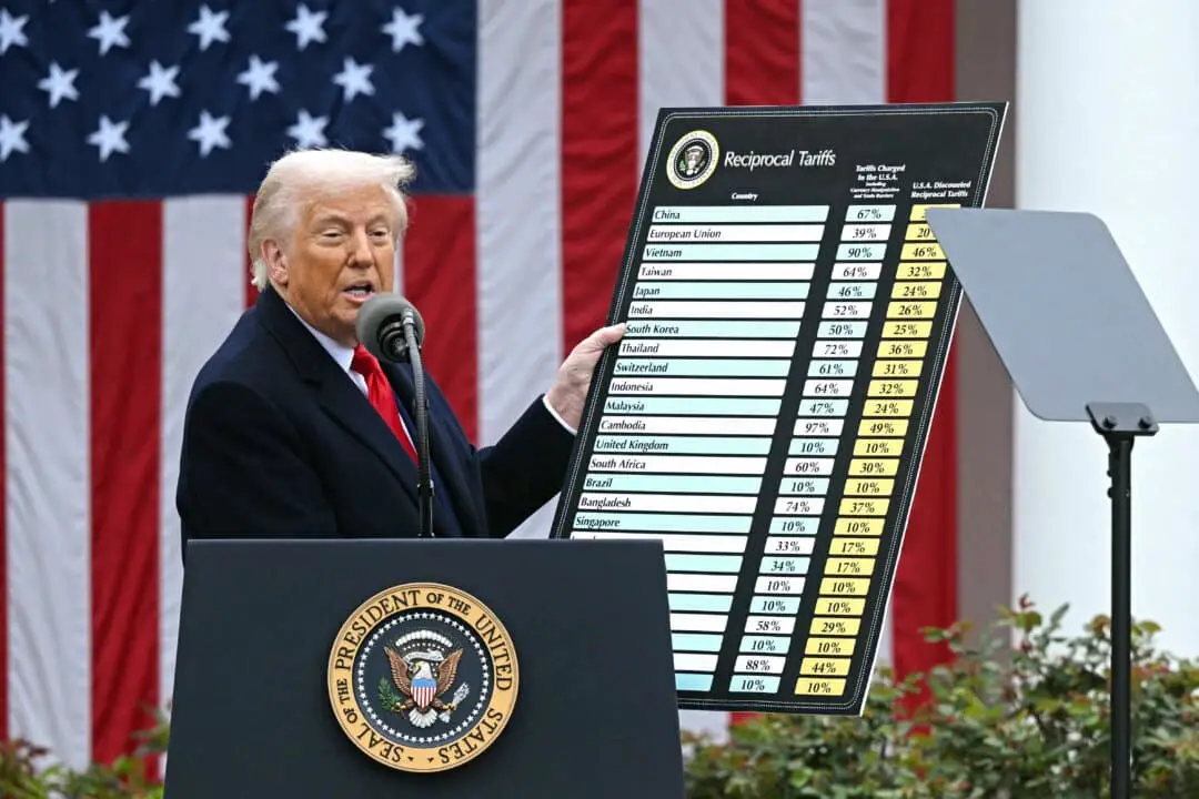 El presidente Donald Trump sostiene un gráfico mientras pronuncia unas declaraciones sobre los aranceles recíprocos durante un acto celebrado en el Jardín de las Rosas, titulado "Make America Wealthy Again", en la Casa Blanca, en Washington, el 2 de abril de 2025. (Brendan Smialowski/AFP a través de Getty Images)