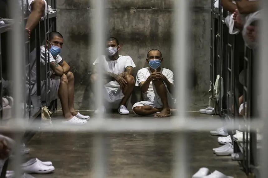 Los presos miran desde sus celdas en la penitenciaría de máxima seguridad CECOT (Centro de Alojamiento Obligatorio para Terroristas) el 4 de abril de 2025 en Tecoluca, San Vicente, El Salvador. (Alex Peña/Getty Images)
