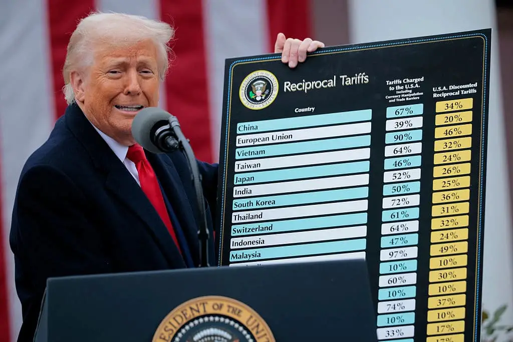 El presidente de los Estados Unidos, Donald Trump, sostiene un gráfico de "aranceles recíprocos" mientras habla durante un evento de anuncio comercial "Make America Wealthy Again" (Hagamos a América rica de nuevo) en el Jardín de las Rosas de la Casa Blanca en Washington el 2 de abril de 2025. (Chip Somodevilla/Getty Images)