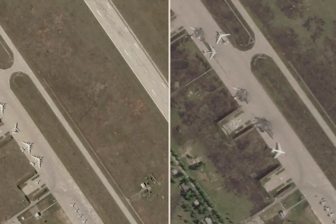 (Izquierda) La base aérea de Belaya antes de un ataque con drones ucranianos en la región de Irkutsk, en Siberia oriental, Rusia, captada el 17 de mayo de 2025. (Derecha) Daños tras un ataque con drones ucranianos captados el 4 de junio de 2025. (Planet Labs PBC a través de AP).