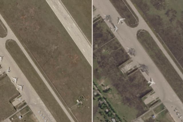(Izquierda) La base aérea de Belaya antes de un ataque con drones ucranianos en la región de Irkutsk, en Siberia oriental, Rusia, captada el 17 de mayo de 2025. (Derecha) Daños tras un ataque con drones ucranianos captados el 4 de junio de 2025. (Planet Labs PBC a través de AP).