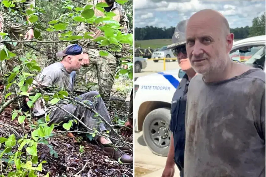 Esta combinación de imágenes muestra la recaptura del recluso fugado Grant Hardin, un exjefe de policía y asesino convicto, por agentes de las fuerzas del orden de Arkansas y la Patrulla Fronteriza de Estados Unidos, cerca de Moccasin Creek, en el condado de Izard, Arkansas, el 6 de junio de 2025. (Departamento Correccional de Arkansas vía AP)