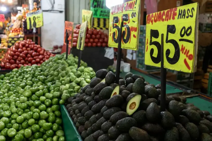 Aguacates, tomates verde y jitomates (tomates) se venden en una Central de Abasto de la Ciudad de México (México) el 3 de febrero de 2025. (Cristopher Rogel Blanquet/Getty Images)