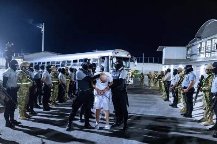 Guardias penitenciarios salvadoreños escoltan a presuntos miembros de la pandilla venezolana Tren de Aragua y la pandilla MS-13 deportados de EE. UU., en el Centro de Internamiento del Terrorismo (CECOT), el 31 de marzo de 2025. (Secretaría de Prensa de la Presidencia/Handout vía REUTERS)