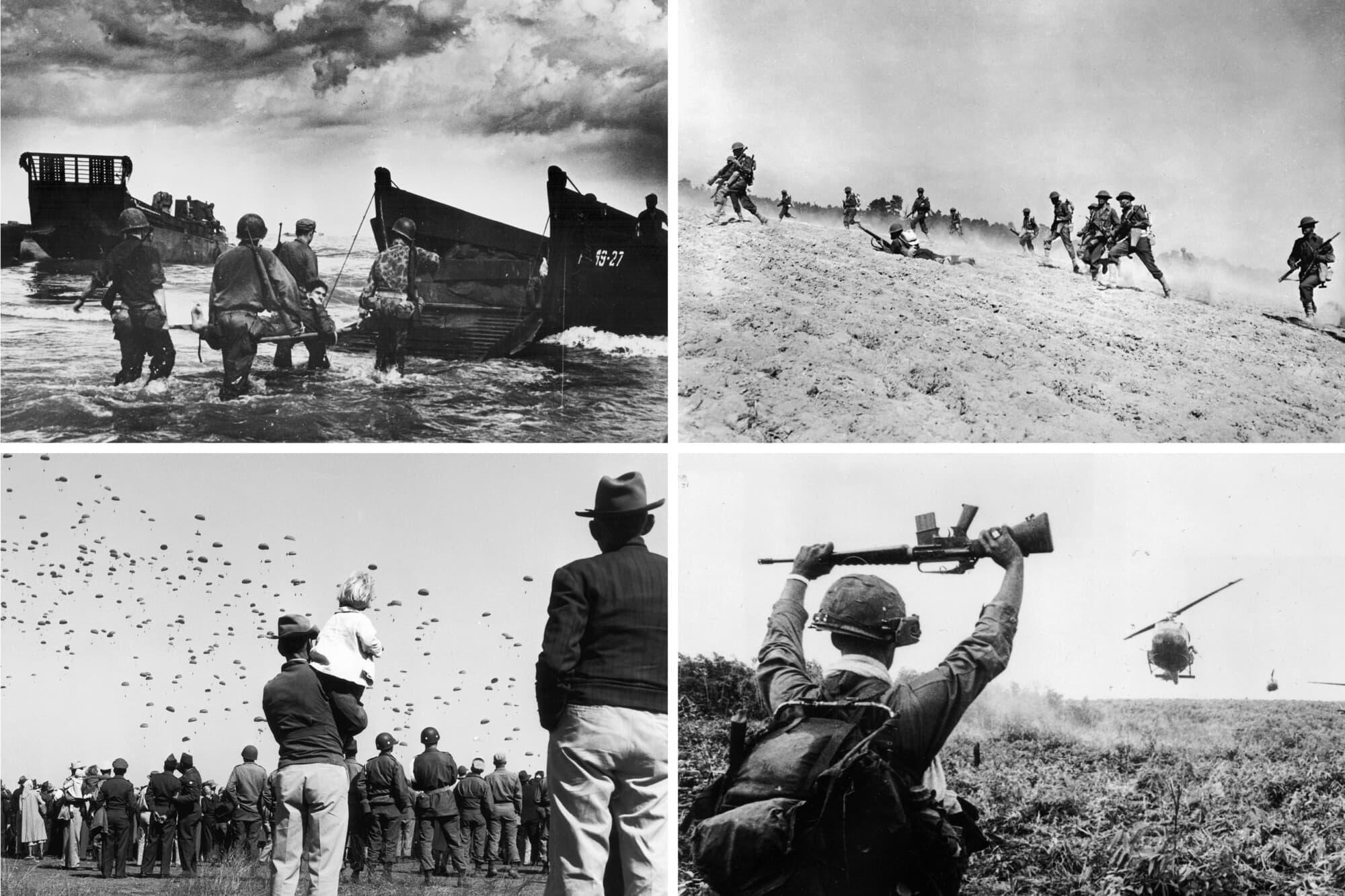 (Arriba a la izquierda) Soldados estadounidenses cargan a compañeros heridos en vehículos anfibios durante las primeras etapas de la batalla de Filipinas, desde la costa de Leyte, Filipinas, el 31 de octubre de 1944. (Arriba a la derecha) Tropas del Ejército de los Estados Unidos cargan a través de un campo polvoriento durante una batalla de la Primera Guerra Mundial a finales de 1917. (Abajo a la izquierda) Civiles y militares observan un salto en paracaidas masivo de tropas de la 82.ª División de Paracaidistas de los Estados Unidos durante el ejercicio Long Horn en Fort Hood, Texas, el 28 de marzo de 1952. (Abajo a la derecha) Un soldado de la 1.ª Caballería Aérea del Ejército de los Estados Unidos sostiene su rifle por encima de la cabeza mientras dirige a los helicópteros que aterrizan en un campo durante una operación al norte de Saigón en la guerra de Vietnam. Los helicópteros transportan a los miembros de la unidad a su zona de patrulla. (Marina de los Estados Unidos/Getty Images).