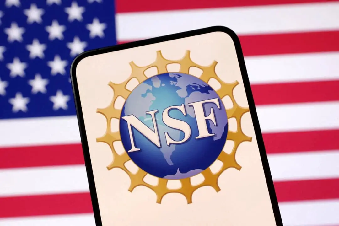 El logotipo de la Fundación Nacional para Ciencias de Estados Unidos y la bandera estadounidense aparecen en esta ilustración tomada el 23 de abril de 2025. (Dado Ruvic/Reuters)