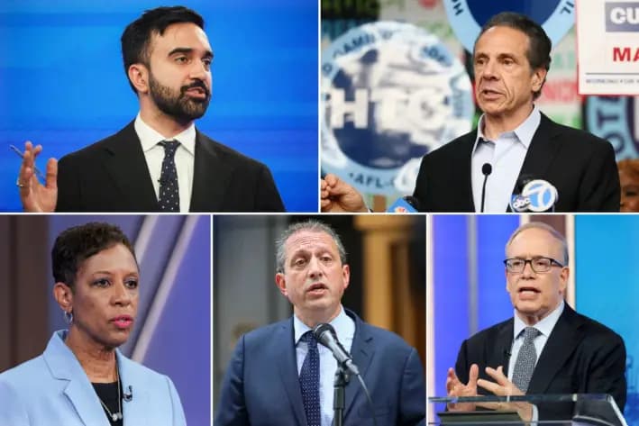 Candidatos demócratas a la alcaldía (arriba, de izquierda a derecha): El asambleísta Zohran Mamdani y el exgobernador de Nueva York, Andrew Cuomo; (abajo, de izquierda a derecha): La presidenta del Concejo Municipal, Adrienne Adams; el contralor Brad Lander; y el excontralor Scott Stringer. (Yuki Iwamura-Pool/Getty Images; Michael M. Santiago/Getty Images)