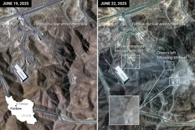 Antes y después del bombardeo estadounidense del 21 de junio contra la planta de enriquecimiento de uranio de Fordow, al norte de Qom, Irán. (Ilustración de The Epoch Times, Reuters, Shutterstock)