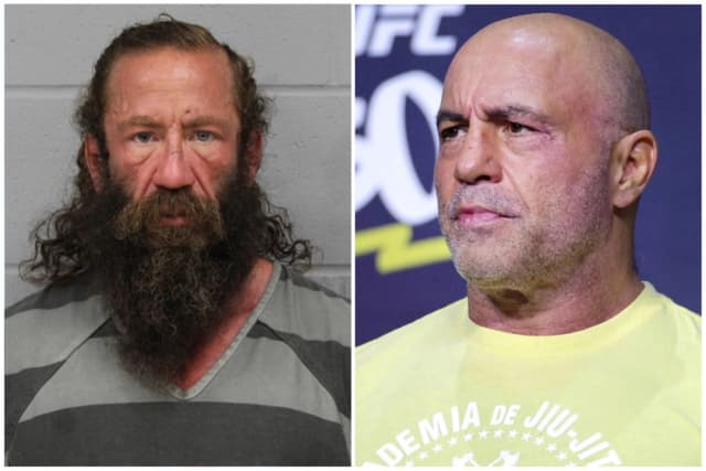 (Izquierda) Foto policial del influencer de fitness Brian Johnson, conocido como «Liver King»; (Derecha) Joe Rogan durante el pesaje ceremonial de la UFC 300 en el MGM Grand Garden Arena de Las Vegas, Nevada, el 12 de abril de 2024. Departamento de Policía de Austin; (Carmen Mandato/AFP via Getty Images)