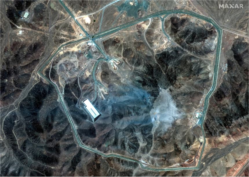 Una vista satelital muestra una descripción general de la planta subterránea de enriquecimiento de combustible de Fordow, después de que Estados Unidos atacara la instalación nuclear, cerca de Qom, Irán, el 22 de junio de 2025. (Maxar Technologies/Folleto vía Reuters)