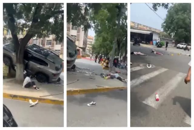 Capturas de pantalla de imágenes que muestran la escena después de que un vehículo atropellara a varios niños cerca de una escuela en Miyun, Beijing, el 26 de junio de 2025. (The Epoch Times/Cortesía de @whyyoutouzhele)
