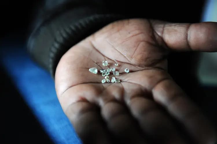 <em>Un minero muestra diamantes extraídos de una mina abandonada en Komaggas, Sudáfrica, en junio de 2012. Alexander Joe/AFP/Getty Images</em>