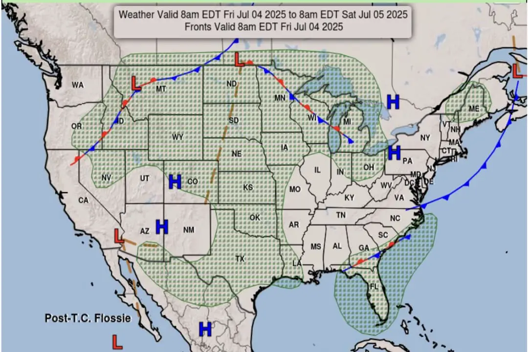 Pronóstico de lluvia y tormentas eléctricas para el 4 de julio del Servicio Meteorológico Nacional el 2 de julio de 2025. (Captura de pantalla a través del Servicio Meteorológico Nacional).