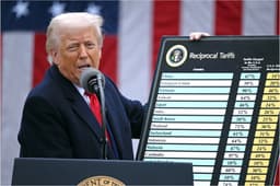 El presidente de EE. UU. Donald Trump sostiene un gráfico mientras pronuncia un discurso sobre aranceles recíprocos en la Casa Blanca, el 2 de abril de 2025. (Brendan Smialowski/AFP vía Getty Images)