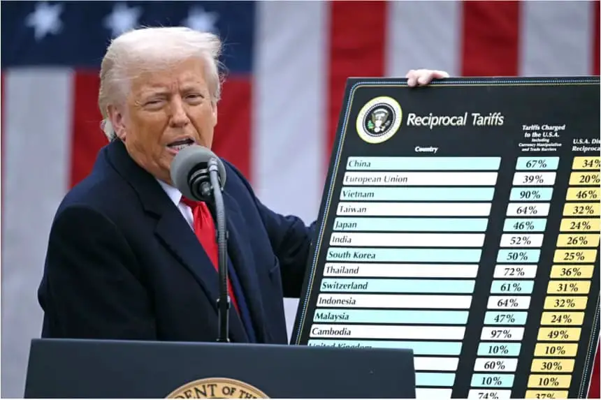 El presidente de EE. UU. Donald Trump sostiene un gráfico mientras pronuncia un discurso sobre aranceles recíprocos en la Casa Blanca, el 2 de abril de 2025. (Brendan Smialowski/AFP vía Getty Images)
