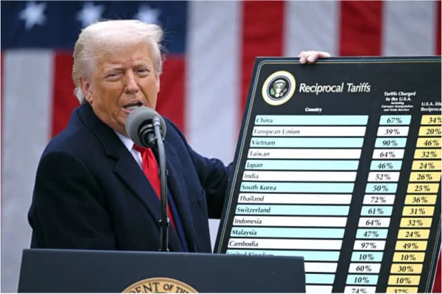 El presidente de EE. UU. Donald Trump sostiene un gráfico mientras pronuncia un discurso sobre aranceles recíprocos en la Casa Blanca, el 2 de abril de 2025. (Brendan Smialowski/AFP vía Getty Images)