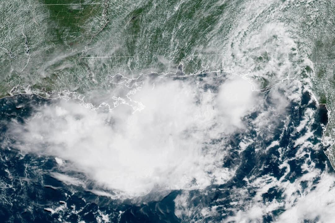 Una imagen de satélite muestra un sistema meteorológico tropical sobre el Panhandle de Florida a las 12:46 ET del 16 de julio de 2025. (Asociación Nacional Oceánica y Atmosférica a través de AP)